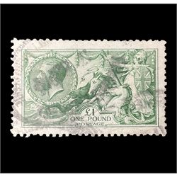 Great Britain King George V one pound green seahorse stamp, used, previously mounted
