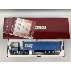 Corgi - three limited edition Hauliers of Renown lorries; CC13715 Scania R Series Topline Houghton Parkhouse 'The Professional' Livestock Transporter Chris Waite Transport; CC13812 Mercedes-Benz Actros Curtainside Eddie Stobart Ltd/Knauf; and CC13911 Foden Alpha Flatbed Trailer & Peat load R.J. & I. Monkhouse Ltd; all boxed with slipcases (3)