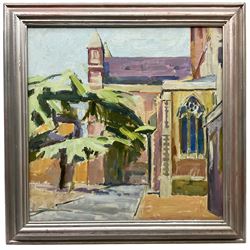 Pamela Chard (British 1926-2003): St Alban's Cathedral from the East, oil on canvas unsigned 52cm x 52cm 
Provenance: studio collection of the late William Chard, the artist's husbandNotes: Chard was a British artist and teacher married to fellow artist William Chard (1923-2020). The couple met at the Redfern Gallery in Cork Street, London, and went on to study under several important artists such as Henry Moore, Ceri Richards, and Vivian Pitchforth. They were both active members of 'The Arts Council of Great Britain', and exhibited with the London Group and Drian Gallery.