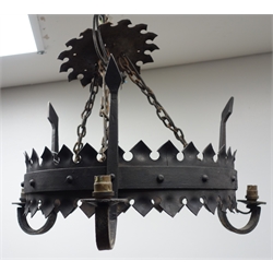  Two Elizabethan style wrought metal three branch hanging light fittings, H50cm, D60cm, max (2)  