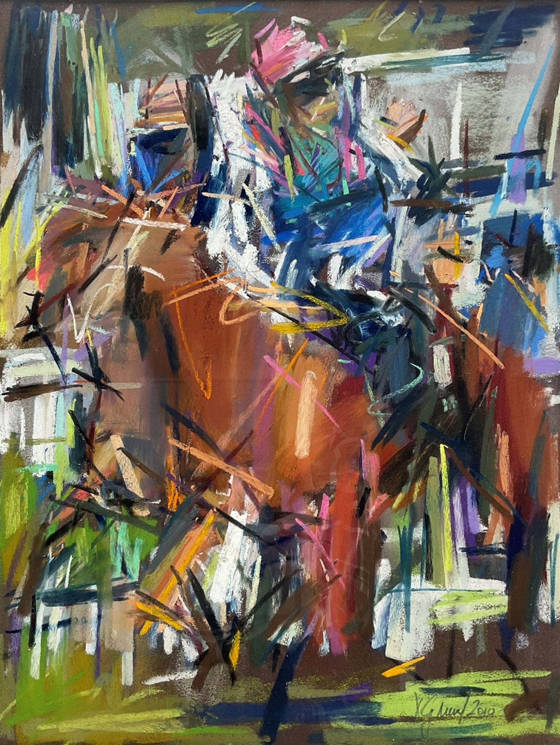David Greenwood (Northern British Contemporary): 'Byword - Prince of Wales's Stakes', pastel signed and dated 2010, 40cm x 30cm 
Notes: Byword, the British Thoroughbred Bay, won the Prince of Wales's Stakes in 2010 with a time of 2:05.35, ridden by Maxime Guyon, trained by André Fabre, and owned by Khalid Abdullah.