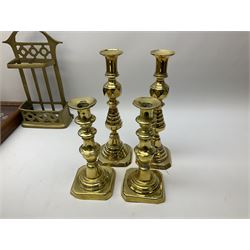 Group of assorted metal ware, to include two pairs of brass candlesticks, etc., plus a cased collection of souvenir spoons, in two boxes 
