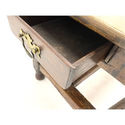 18th century and later oak refectory dining table end drawer, baluster supports joined by stretcher
