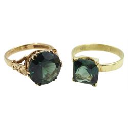 14ct gold cushion cut green paste stone ring, stamped 585 and one other similar 9ct gold ring, hallmarked 
