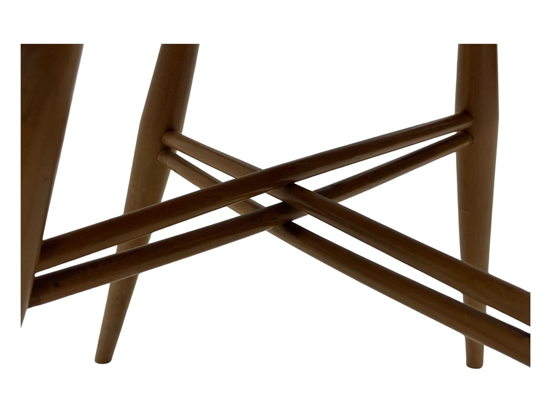 Lucian Ercolani for Ercol - set of six 'Shalstone dining chairs, curved top rail and spindle back with criss-cross design, solid seat raised on tapering supports, united by matching criss-cross stretchers