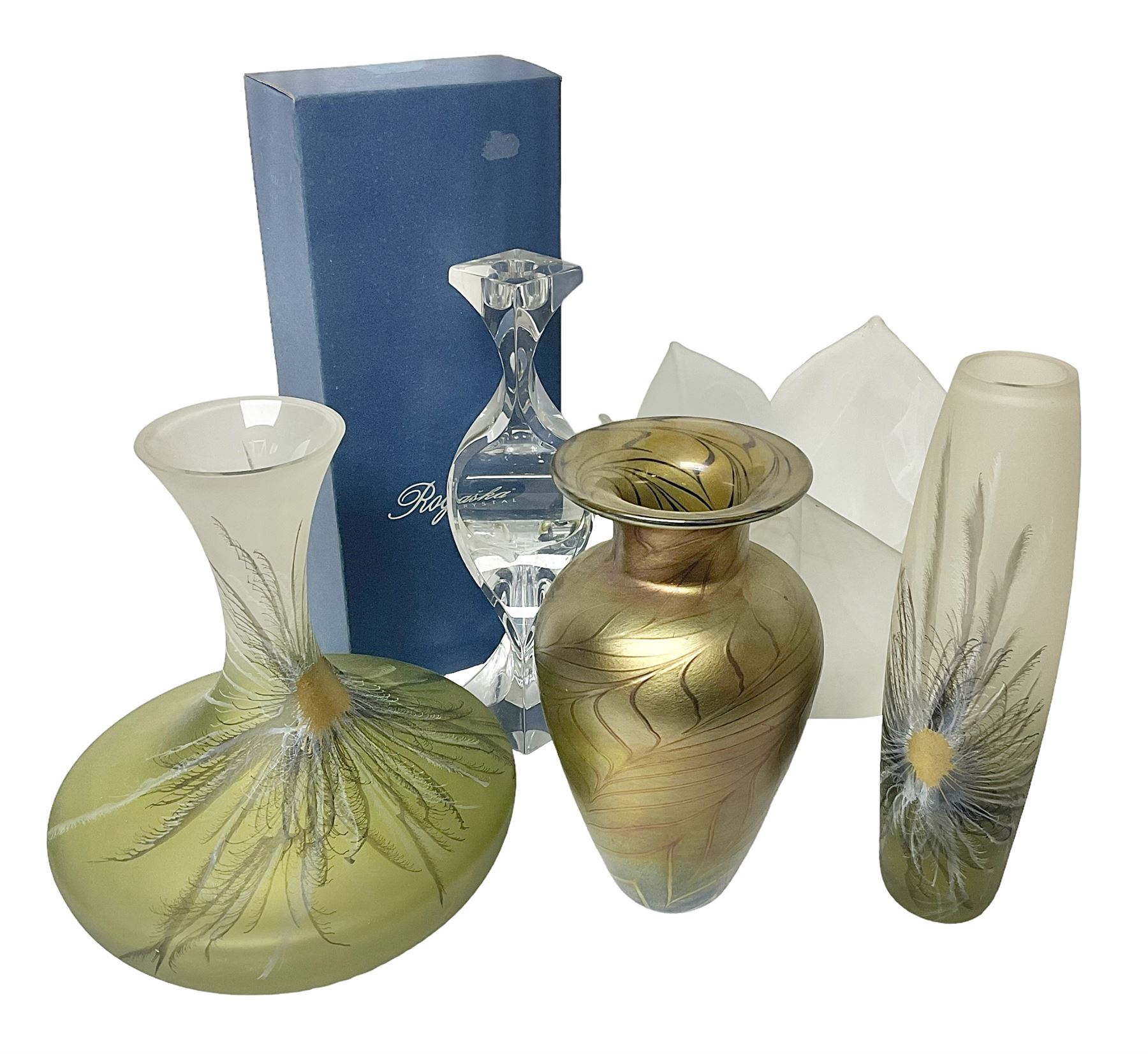 Late 20th century art glass, to include a Robert Held vase, of baluster form with iridescent swirl design, two frosted glass vases with peacock feather design on green and white ground, frosted glass tulip shaped bowl with smoke design and a Rogaska Crystal cobra candlestick, tallest vase 27cm