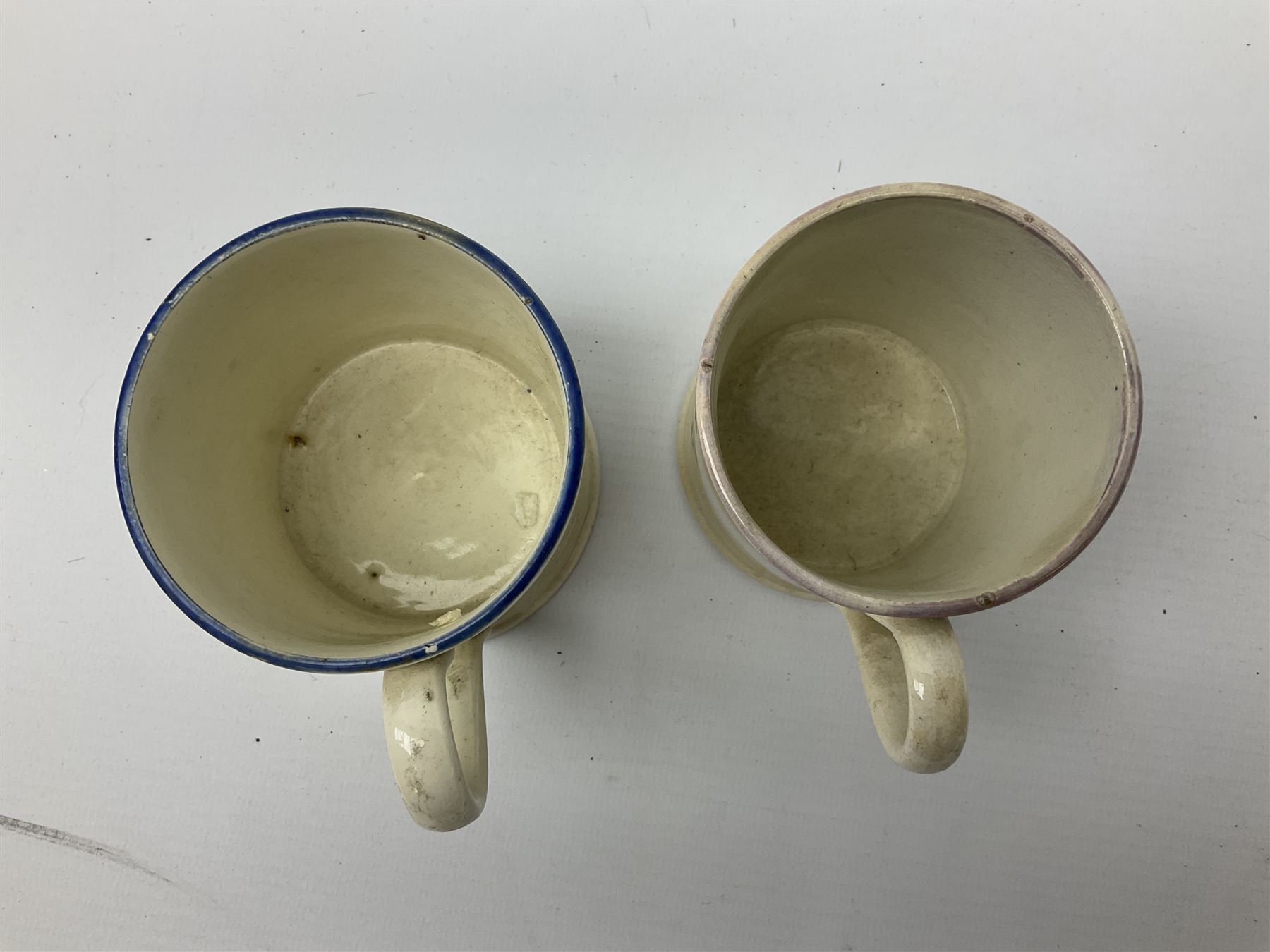  Early Victorian marriage mug for Thomas and Caroline Parkinson dated 11th Sept. 1845 Hull H8cm, similar christening mug for their daughter Hannah Matilda, blue/white transfer printed pot lid with base for Francis Earle, Pharmaceutical Chemist, 22 Market Place, Hull with central study of Holy Trinity Church and clay pipe, the bowl as man's head (4)  