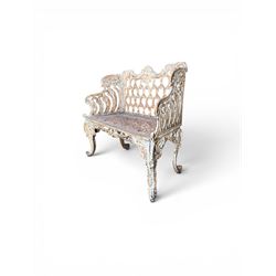 Victorian revival Carron Foundry design heavy cast iron two seat garden bench, scrolled arms with pierced lattice seat, finished in antique white paint