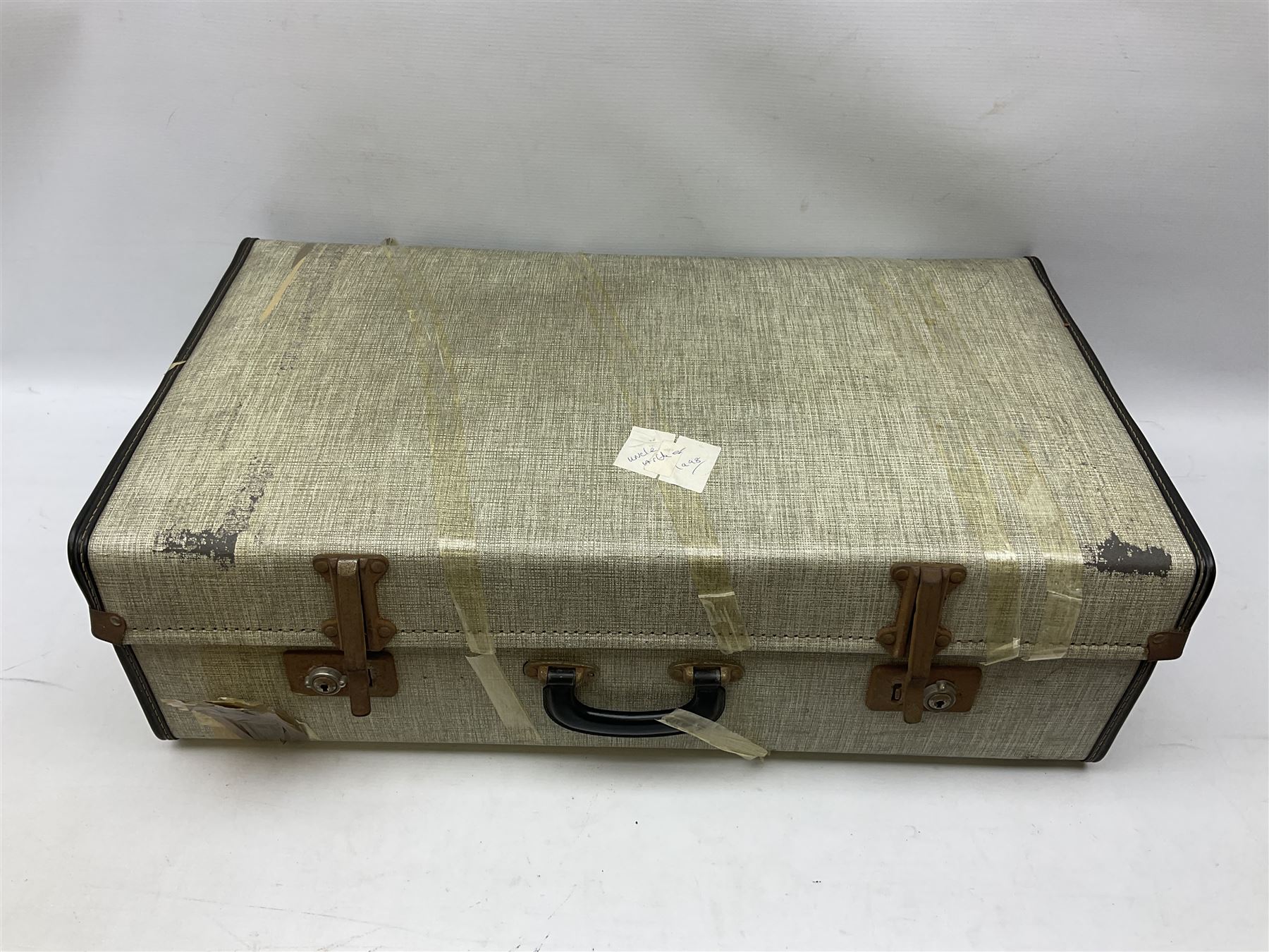 Ukelele, Westclox electric alarm  clock, vintage tins, National Rail hat, ceramics, boxed games, carved wood figures etc all housed in a suitcase