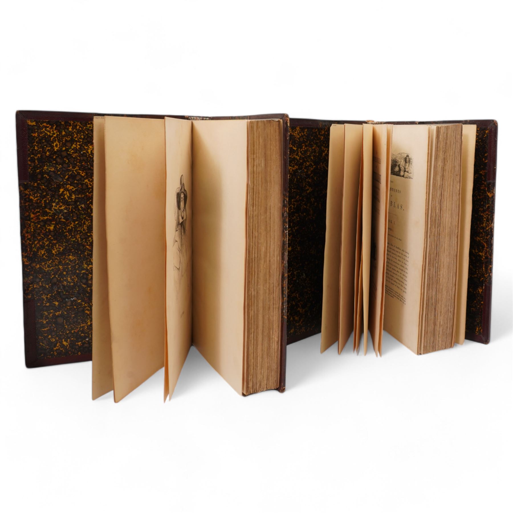 Le Sage translated by Thomas Smollett - 'The Adventures of Gil Blas' illustrated by Jean Gigoux, published J J Dubochet in two volumes 1836, half calf (2), Lesage - 'Histoire de Gil Blas de Santillane' published in French by Longman in four volumes 1809 half leather (4)