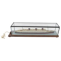 Scratch built model of RMS Queen Mary, in glazed wooden case, H17cm, L74cm