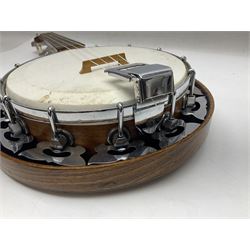 Trumelo BMI banjo ukulele no.3013 L58cm; in soft carrying case; and Kapok Brand guitar shaped ukulele L51cm (2)