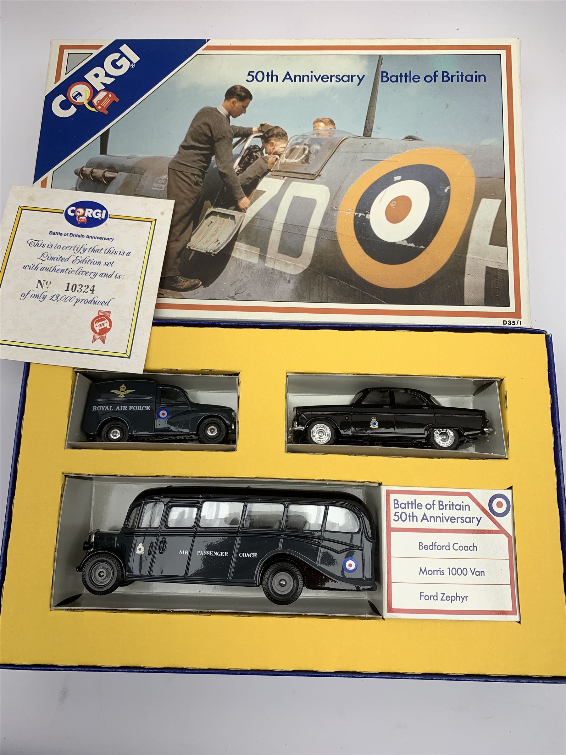 Various makers - twenty commemorative and promotional die-cast models including Corgi 50th Anniversary of the Battle of Britain and Italian Job Set, Lledo RAF personnel Transport Set, 50th Anniversary of Pearl Harbour Set, Home Front Collection, NYMR Set etc, Gate Laurel & Hardy Jeep, four Vanguards commercial vehicles etc; all boxed