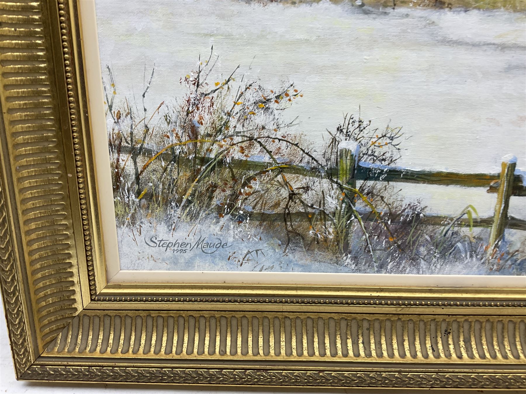 Stephen Maude (British 20th century): Collingham West Yorkshire in Winter, oil on board signed and dated 1995, 38cm x 53cm