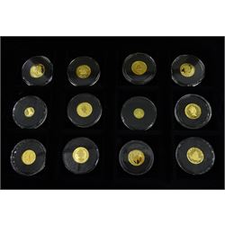 Fifteen gold coins from 'The Smallest Gold Coins of the World Collection', including Isle of Man 1989 1/25 ounce crown, Australia 1991 1/20 ounce five dollars, China 1995 1/20 ounce panda etc