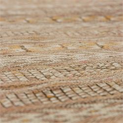 Berber style mid 20th century flat-weave kilim, woven is alternating horizontal bands of hooked lozenges, diamonds, and chevron motifs in a terracotta, ochre, ivory, and brown palette, framed by narrow geometric borders  