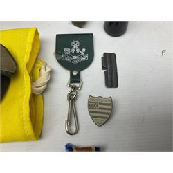 Miscellaneous militaria including two Royal Artillery and one Royal Horse Artillery stable belts; Northamptonshire Regiment trench art brass shell case lighter; unused Matchless Fire-Set; pocket knives and multi-tool; lanyards; oak shield with York & Lancaster crest etc