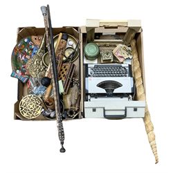Brass inkwell and other brass ware together with portable typewriter, two walking stick one with mother of pearl inlay and other collectables in two boxes