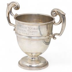 'The Albert Naylor Memorial Trophy' - A two handled silver cup with scroll handles and circular foot H19cm Sheffield 1927 Maker James Deakin & Sons 