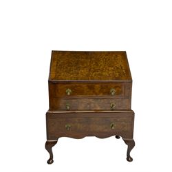 Mid-20th century figured walnut bureau, fitted with three drawers, on cabriole front supports