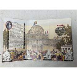 The Royal Mint United Kingdom 1984 brilliant uncirculated coin collection, 1997 and 2001 commemorative crown coins, 1997 old round one pound, all in card folders and four sterling silver medallic first day covers from the 'Great Britons' collection housed in a blue folder