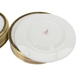 Wedgwood Ulander pattern tea and dinner service,  including teapot, covered sucrier, milk jug, cream jug, eight tea cups and saucers, twelve dinner plates, eight twin handled soup bowls and saucers, covered dish etc  