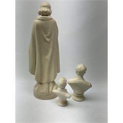 A Copeland Parian figure 'Hermione', sculpted by W C Marshall, 1860 impressed marks, along with two small parian busts. 