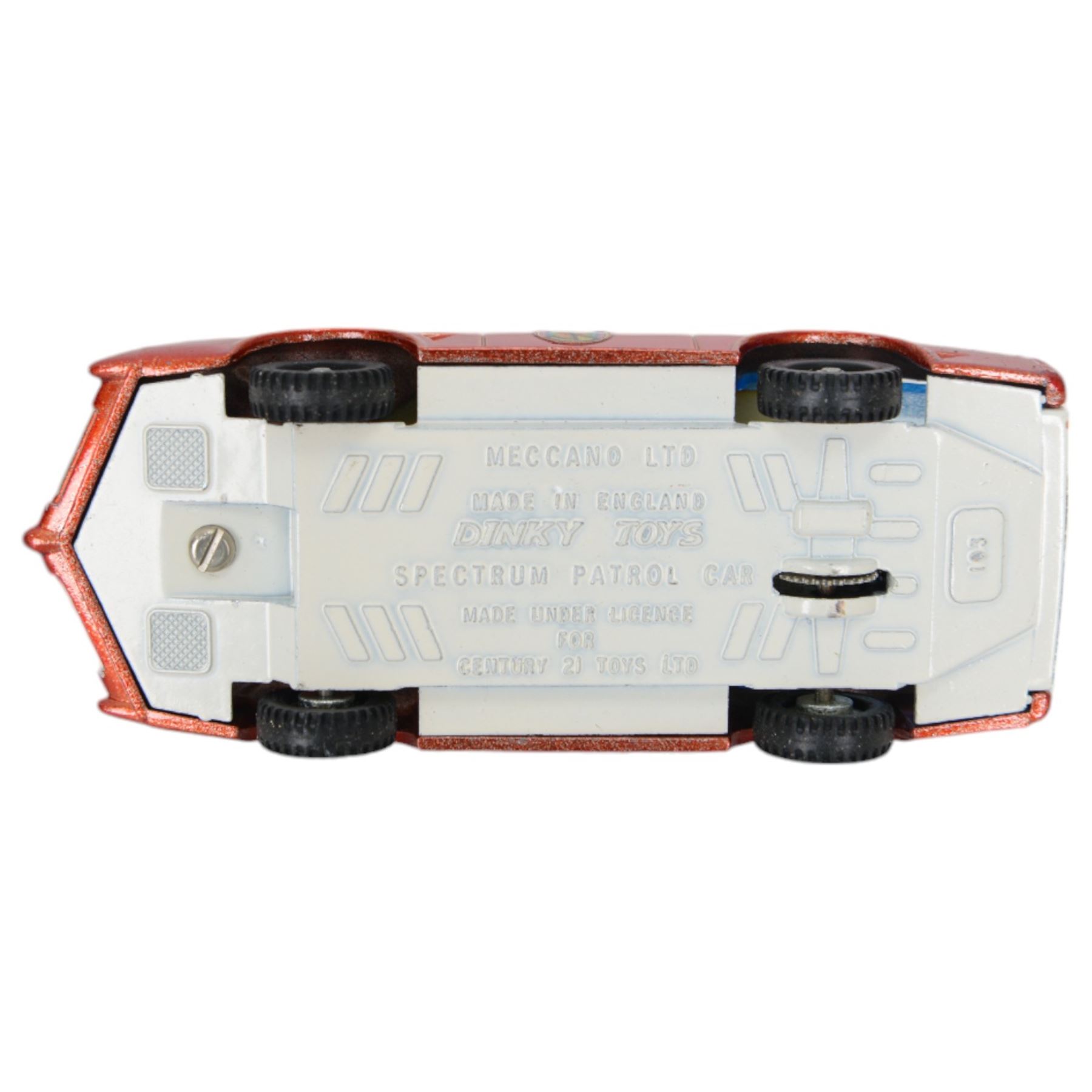 Two Dinky Toys diecast Captain Scarlet vehicles, comprising Spectrum Patrol Car no. 103, with red metallic body, white base, blue tinted windows and silver trim and Maximum Security Vehicle no. 105, the white body with red stripes and base, chrome trim and cast spun hubs, with radiation box, both boxed