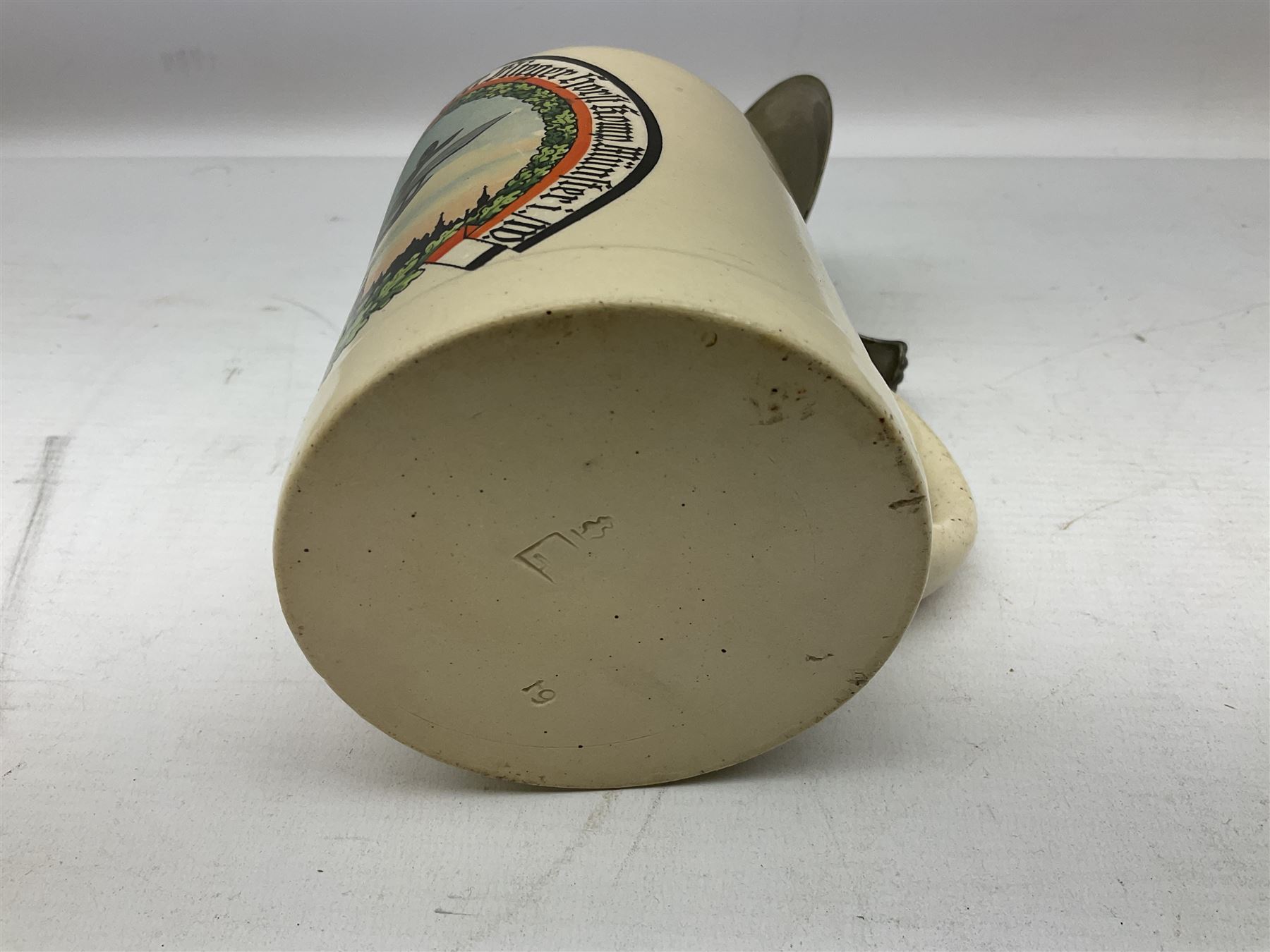 German presentation beer stein, printed with a study of a bi-plane, hinged cover engraved UFFZ Jacob, H16cm