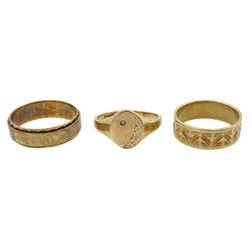 Gold diamond set signet ring and two gold wedding bands, all hallmarked 9ct
