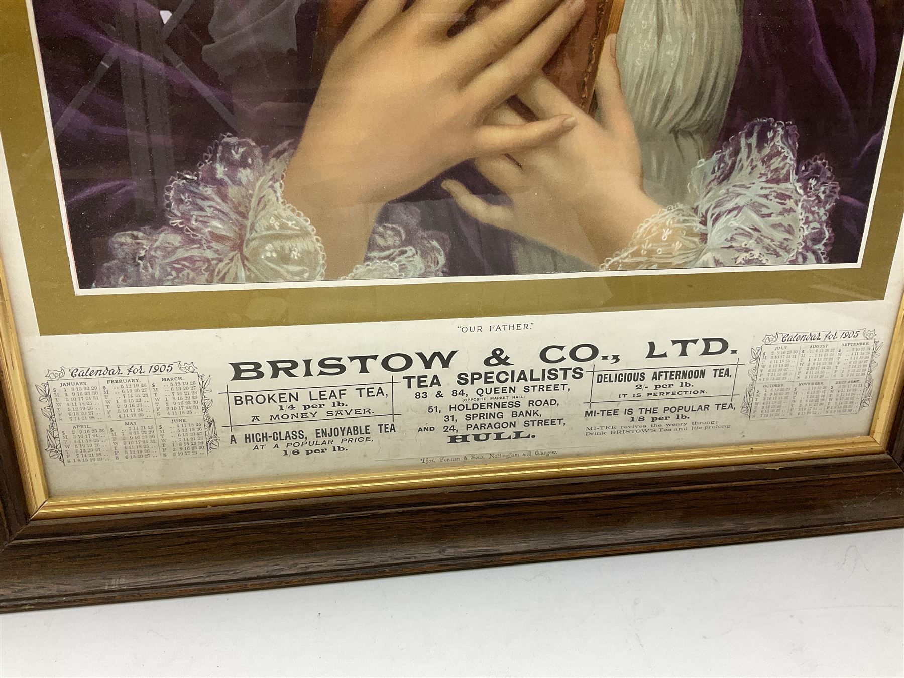 Edwardian shop advertising calendar for Bristow & Co. Ltd Tea Specialists of Hull 1905 depicting a half length portrait of a pensive young lady entitled 'Our Father', 73 x 47cm, oak and gilt frame and After J Stead (British 20th century): 'Bird's Eye View of the Town of Kingston-upon-Hull', reproduction lithograph pub. 1990, 49cm x 87cm (2). NOW UNFRAMED. 