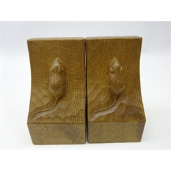  'Mouseman' pair adzed oak bookends by Robert Thompson of Kilburn, H15.5cm   