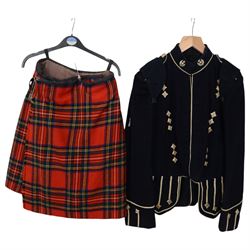 Set of mid 20th century bagpipes, with McLeod chanter, Royal Stuart cover, tassels, ribbons and spare accessories, contained within a wooden carry case, together with a Scarborough Highland Pipe Band uniform, comprising black highland dress jacket, Royal Stuart kilt, Glen Garry hat, Swinging Six sporren, Sgian Dubh knife, piper's dirk with knife and fork, etc