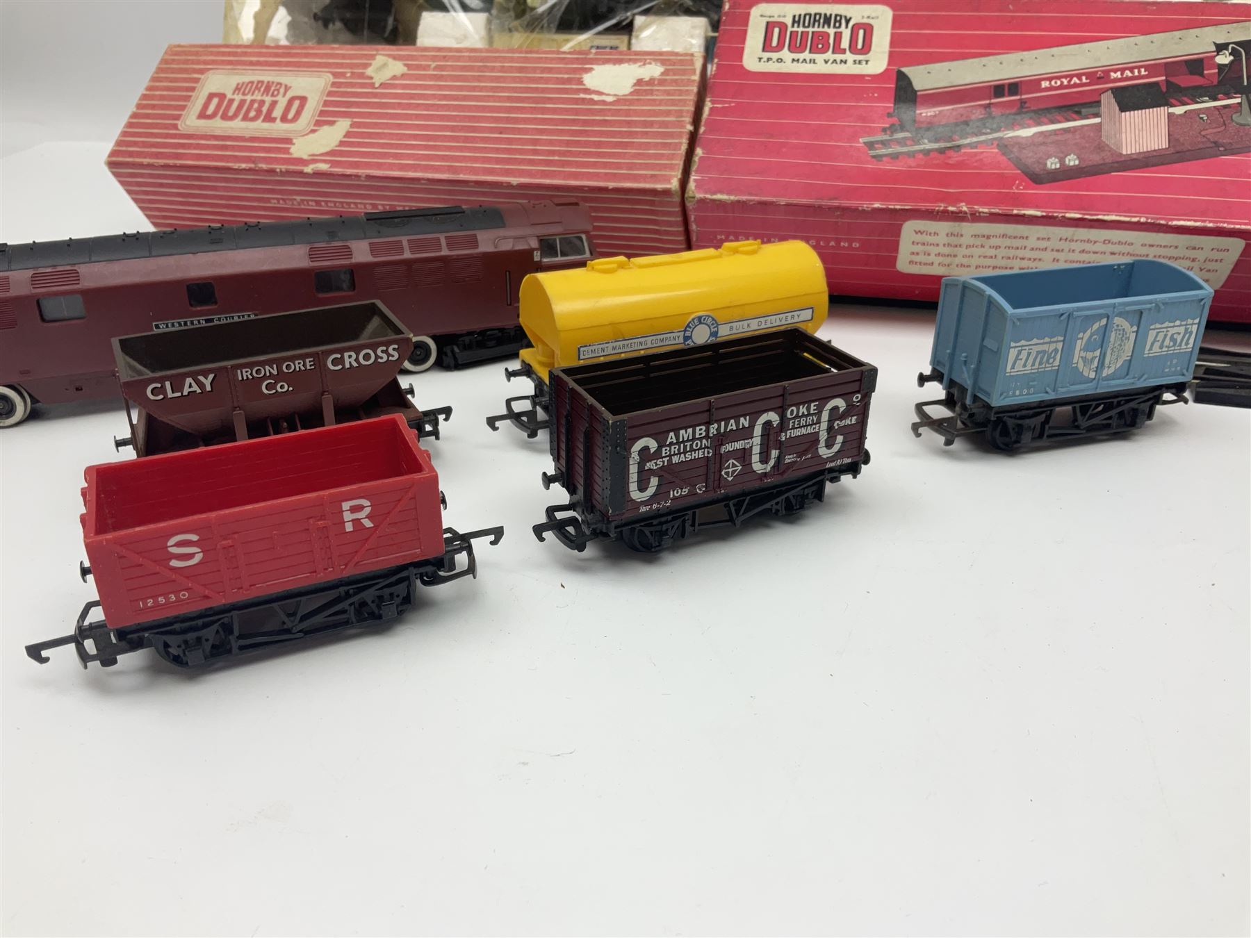 Hornby '00' gauge - LNER Heavy Goods Electric train Set with Class B12 4-6-0 locomotive No.8509, tender, seven wagons and accessories; boxed; Class 52 'Western' Diesel Hydraulic C-C locomotive 'Western Courier' No.D1062; Class 3F 'Jinty' 0-6-0 tank locomotive No.47606; and six goods wagons; two power controllers and oddments of track; all unboxed; together with Hornby Dublo TPO Mail Van Set with separate Line Side Apparatus and Junction Signals; all boxed