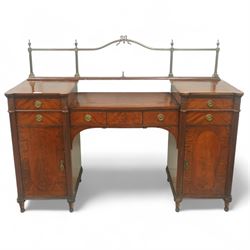 19th century mahogany Hepplewhite design pedestal sideboard or pair of bedside pedestals, each pedestal fitted with two drawers and cupboard, decorated with figured panelled doors and ebony stringing, curled leaf carved mounts over reeded half columns, on turned feet 