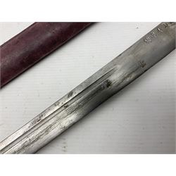 Copy of a WWII Japanese NCO sword, the 65cm slightly curving blade stamped with pseudo Japanese characters and cast brass simulated cord bound grip; in officer's leather bound field scabbard L97cm overall