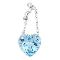 Platinum aquamarine and diamond pendant / brooch, the large faceted heart cut aquamarine, mounted within an openwork heart design gallery, suspending from a polished and milgrain set old cut diamond pendant, with bow design brooch top, set with further old cut diamonds and a single marquise cut diamond, in fitted velvet and silk lined box by Bloom & Sons, London, aquamarine approx 55.00 carat, total diamond weight approx 0.60 carat