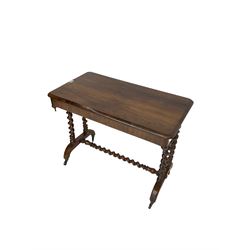 Victorian rosewood stretcher table, rectangular top on spiral turned supports, arched platform feet on brass cups and castors