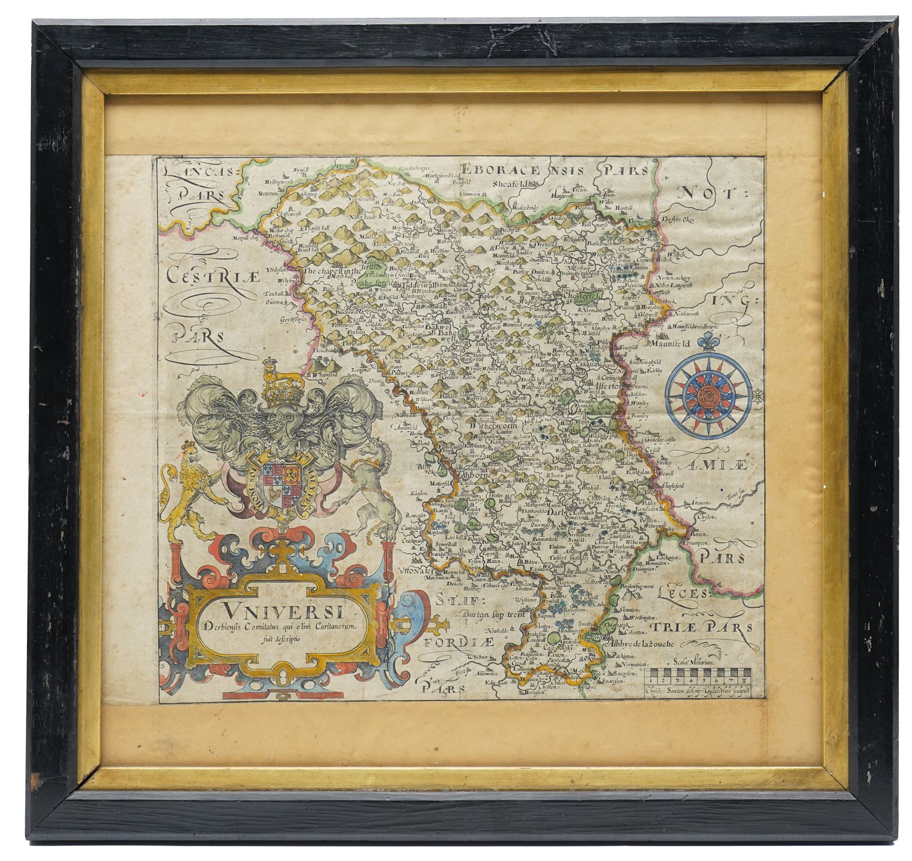 Gulielmus Hole (British ?-1624) and Christopher Saxton (British 1540-1610): 'Vniversi Derbiensis Comitatus qui olim Coritanorum fuit descriptio', 16th century engraved map hand-colouring of Derbyshire pub. c.1579, 28cm x 31cm
