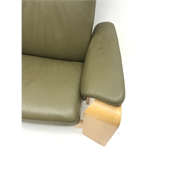 Stressless three seat light wood framed reclining sofa, upholstered in green leather with adjustable headrests, W230cm