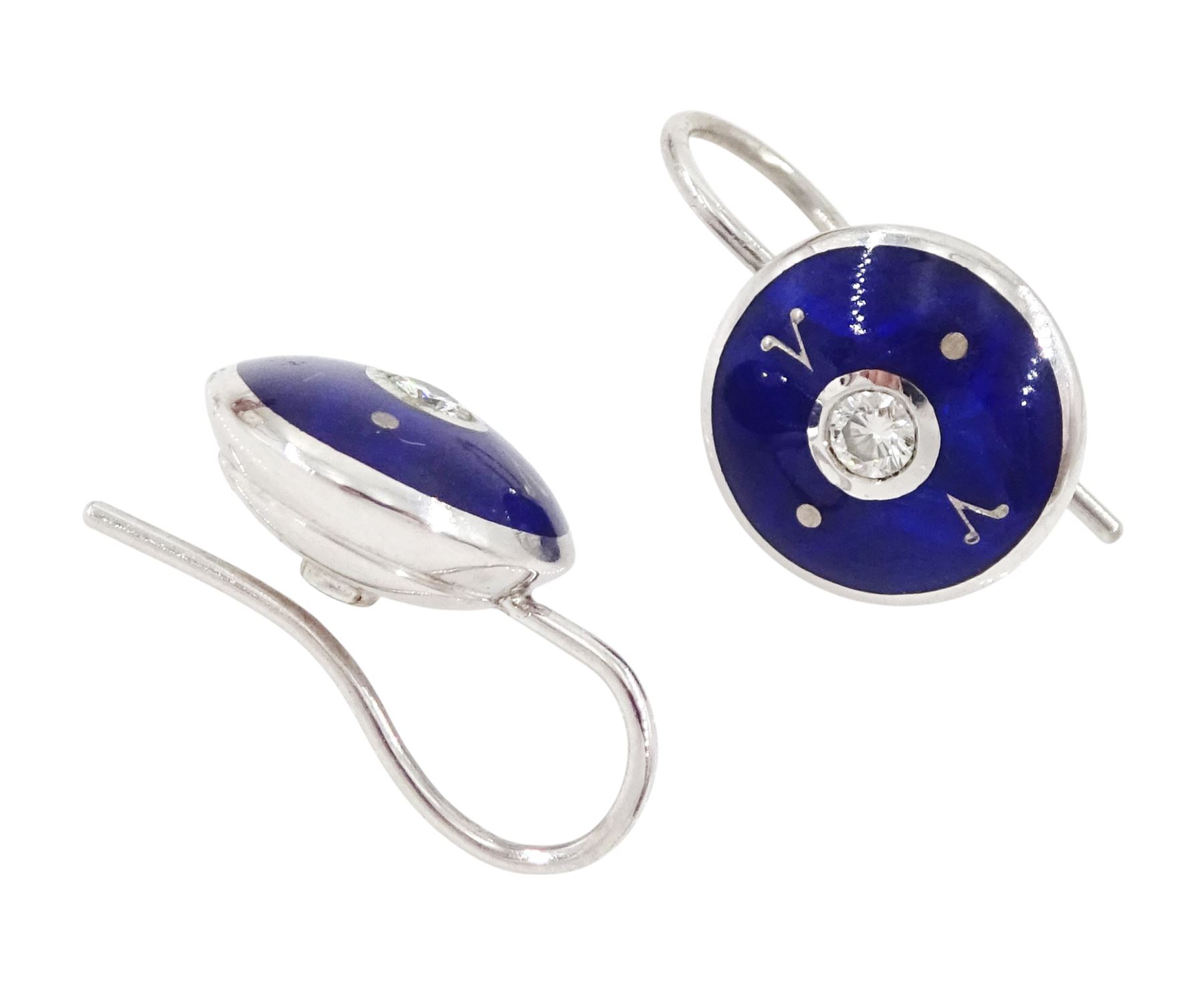 Victor Mayer for Faberge pair of 18ct white gold round brilliant cut diamond and blue enamel circular earrings,  limited edition No. 142/200, boxed