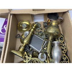 Moulded gilt framed wall mirror, set of Cooke and Lewis wave taps, and a collection of copper and brass ware, in three boxes 