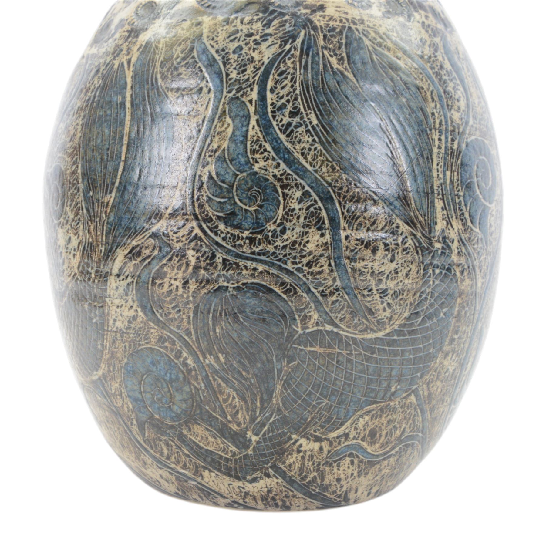 John Egerton (c1945-2024): studio pottery stoneware vase of baluster form, decorated with fish, mermaids and ammonites upon a blue ground, H56cm 