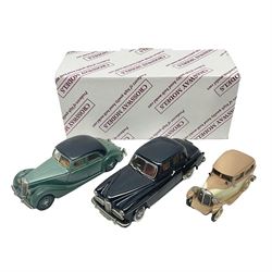 Crossway Models 1:43 scale Riley RMB 2 1/2 Litre Saloon; boxed; Spa Croft Models 1:43 scale Humber Super Snipe MkIV; and Milestone SS Swallow; both unboxed (3)
