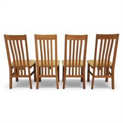 Contemporary square light oak extending dining table, and set of four chairs, table extends to 180cm