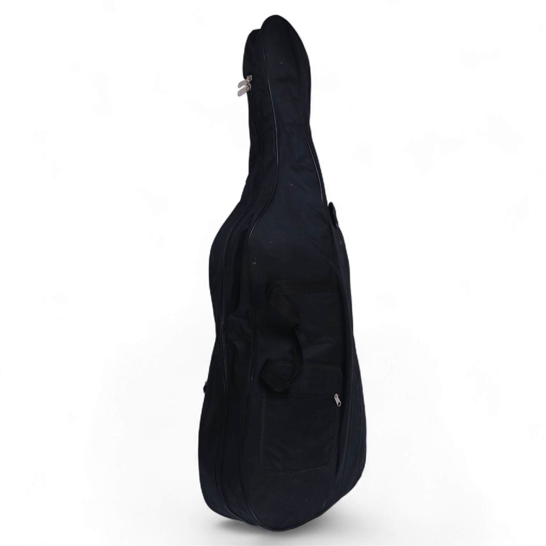 Czechoslovakian 3/4 size cello, with a one piece back, carved scroll neck with ebonised tuning pegs, fingerboard and tail piece, with strings and bridge, no bow. In a soft case.