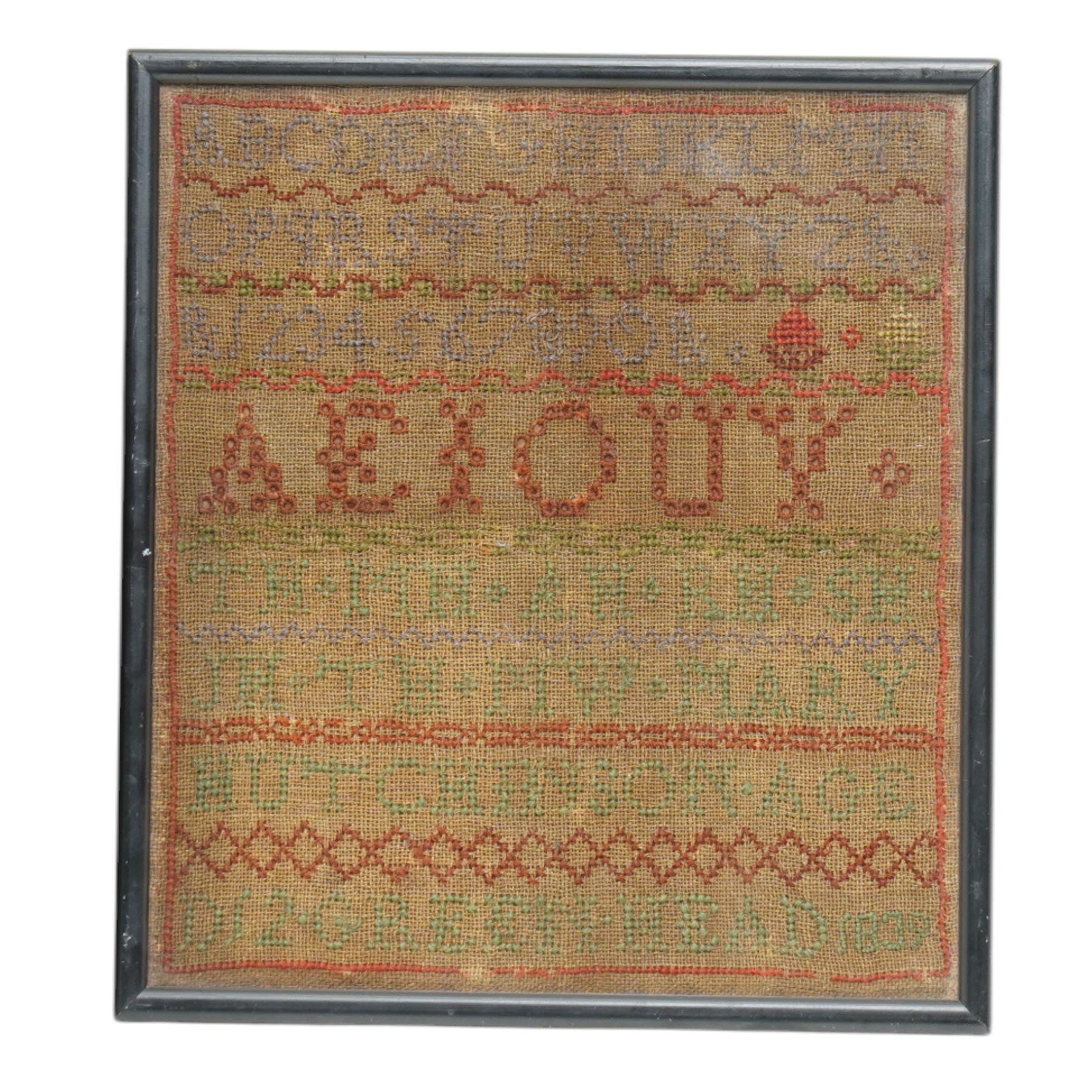 George IV alphabet sampler by Elizabeth P- aged 9, dated 1826, and another by Mary Hutchinson aged 12, dated 1839, larger 47cm x 24cm (2)