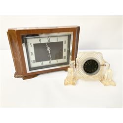 Two Art Deco style mantel clocks comprising a Smith’s 8 Day wooden clock and a clear geometric design clock 