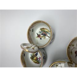Set of four late 19th/early 20th century Meissen double salts, together with another matched example, each with loop handles, decorated with birds and insects and heightened with gilt, with blue crossed sword marks beneath, H5cm L9cm