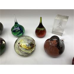 Collection of glass paperweights to include three Wedgwood examples modelled as birds, two Rosenthal faceted examples, a millefiori example, together with art glass examples to include Eirian swirled teardrop and another teardrop shaped paperweight by Caithness